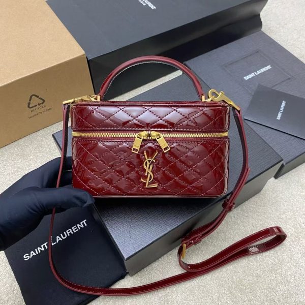 YSL Cassandre Quilted Pouch - Patent Burgundy Gold