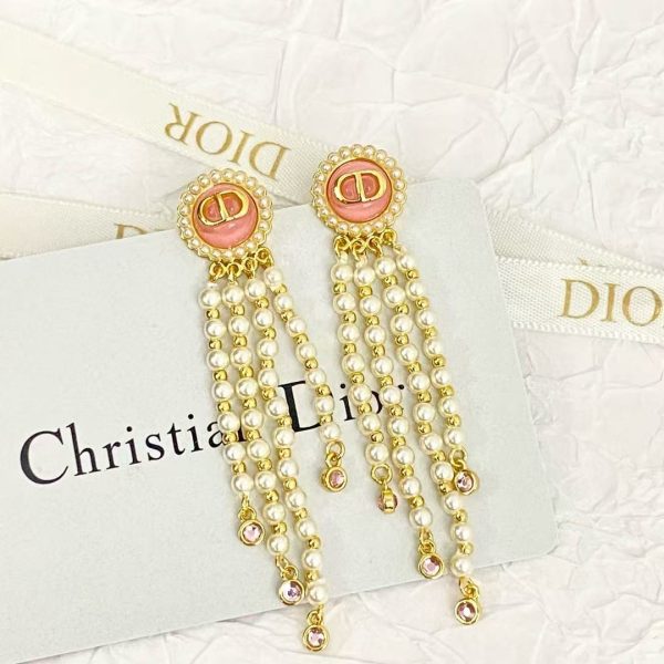 Dior Macaron Pearl Earrings - Pink Tassel & Silver Button