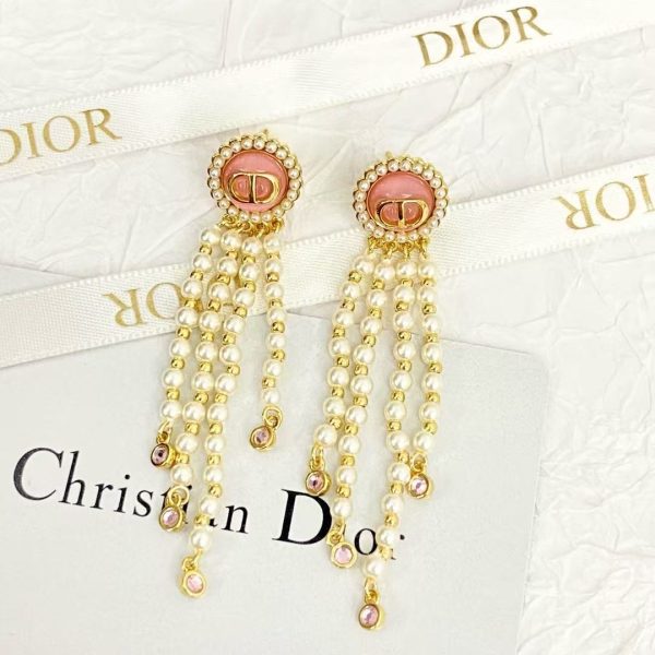Dior Macaron Pearl Earrings - Pink Tassel & Silver Button - Image 2