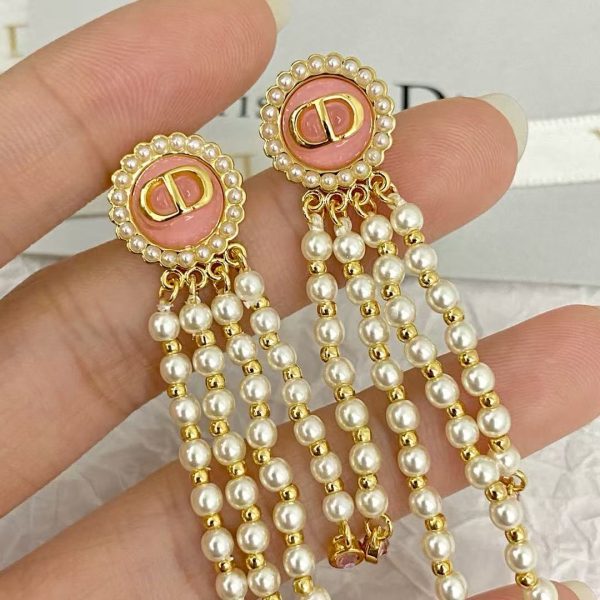 Dior Macaron Pearl Earrings - Pink Tassel & Silver Button - Image 3