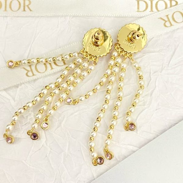Dior Macaron Pearl Earrings - Pink Tassel & Silver Button - Image 4