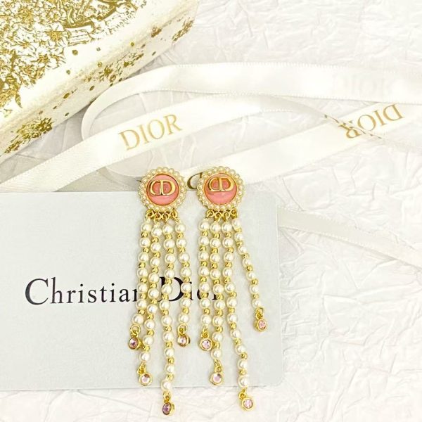 Dior Macaron Pearl Earrings - Pink Tassel & Silver Button - Image 5