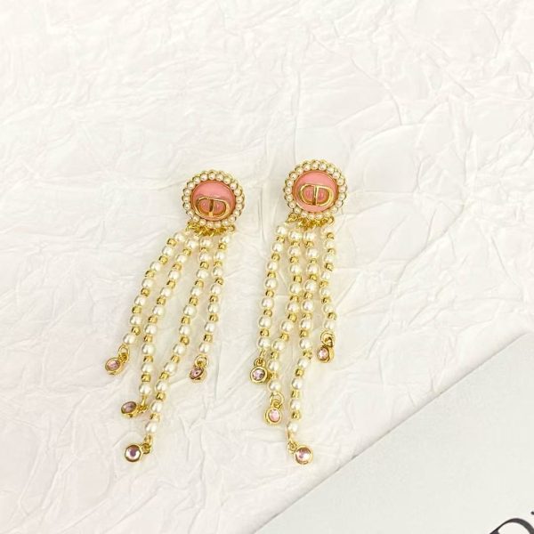 Dior Macaron Pearl Earrings - Pink Tassel & Silver Button - Image 6