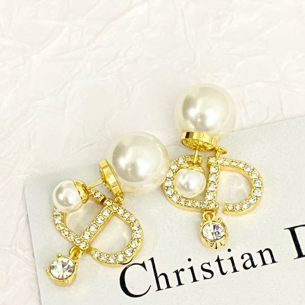 Dior Double Pearl & Crystal CD Logo Earrings – Sterling Silver with Pavé Accents