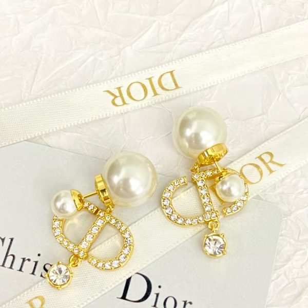 Dior Double Pearl & Crystal CD Logo Earrings – Sterling Silver with Pavé Accents - Image 2