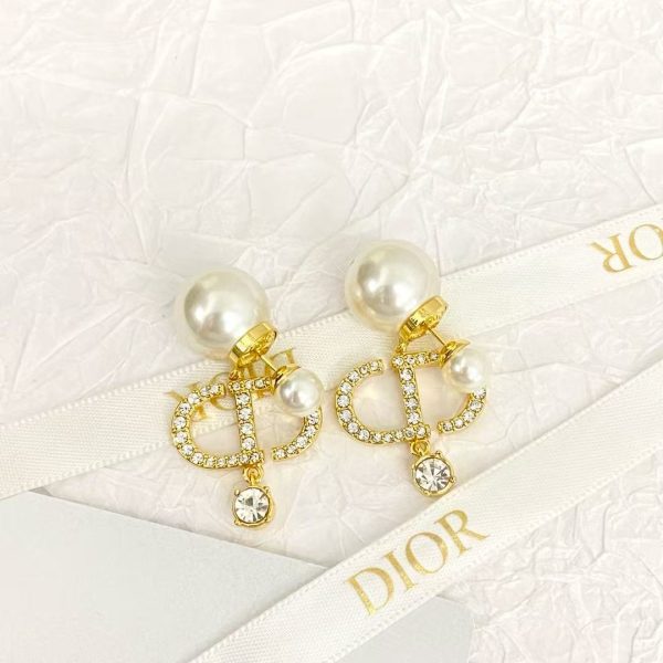Dior Double Pearl & Crystal CD Logo Earrings – Sterling Silver with Pavé Accents - Image 3