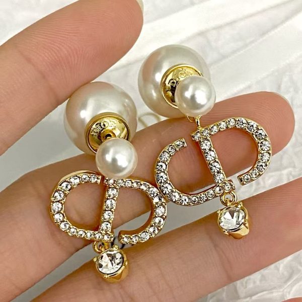 Dior Double Pearl & Crystal CD Logo Earrings – Sterling Silver with Pavé Accents - Image 4