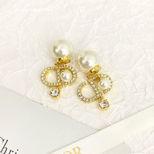 Dior Double Pearl & Crystal CD Logo Earrings – Sterling Silver with Pavé Accents - Image 6