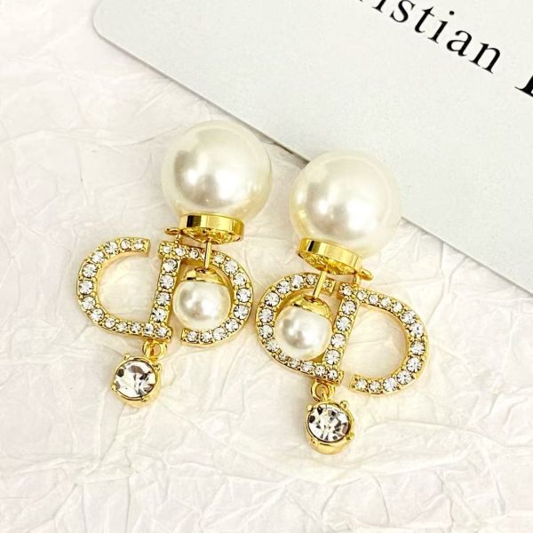 Dior Double Pearl & Crystal CD Logo Earrings – Sterling Silver with Pavé Accents - Image 7