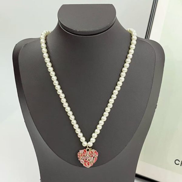 Dior Hollow Heart Floral Pearl Necklace - Hand-Painted Butterfly Motif & Cultured Pearls - Image 2