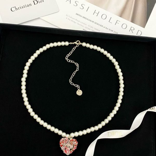 Dior Hollow Heart Floral Pearl Necklace - Hand-Painted Butterfly Motif & Cultured Pearls