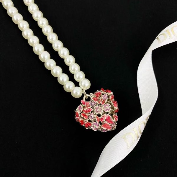 Dior Hollow Heart Floral Pearl Necklace - Hand-Painted Butterfly Motif & Cultured Pearls - Image 3