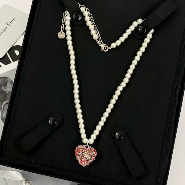 Dior Hollow Heart Floral Pearl Necklace - Hand-Painted Butterfly Motif & Cultured Pearls - Image 4