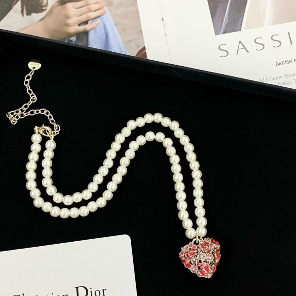 Dior Hollow Heart Floral Pearl Necklace - Hand-Painted Butterfly Motif & Cultured Pearls - Image 6