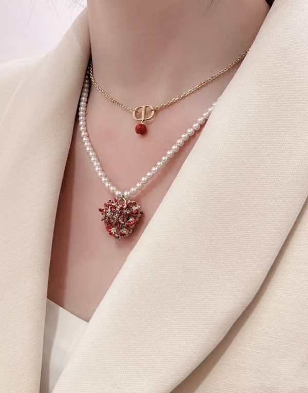 Dior Hollow Heart Floral Pearl Necklace - Hand-Painted Butterfly Motif & Cultured Pearls - Image 7